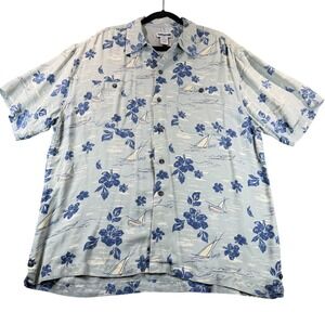 Visitor Hawaiian Shirt 100% Silk Tropical Floral Sailboat Large Blue Aloha Beach